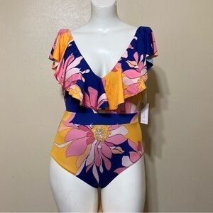 TRINA TURK ruffle shoulder floral one piece swimsuit “breeze ruffle” 10 nwt